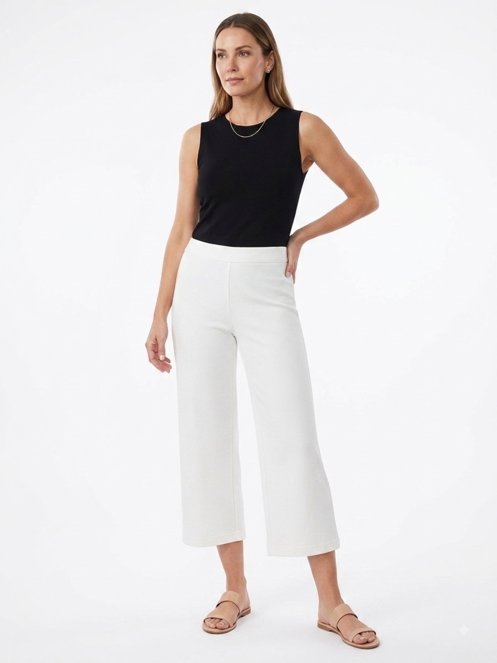 Joan Vass White Wide Leg Cropped Pants SZ 0 Cotton Culottes Minimalist Resort